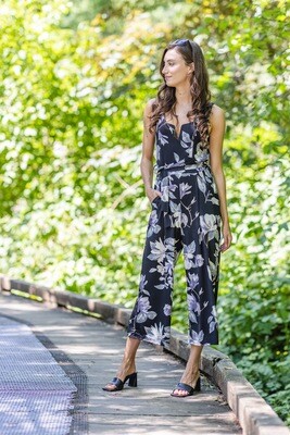 PP-16831 Floral Stretch Jumpsuit-Black