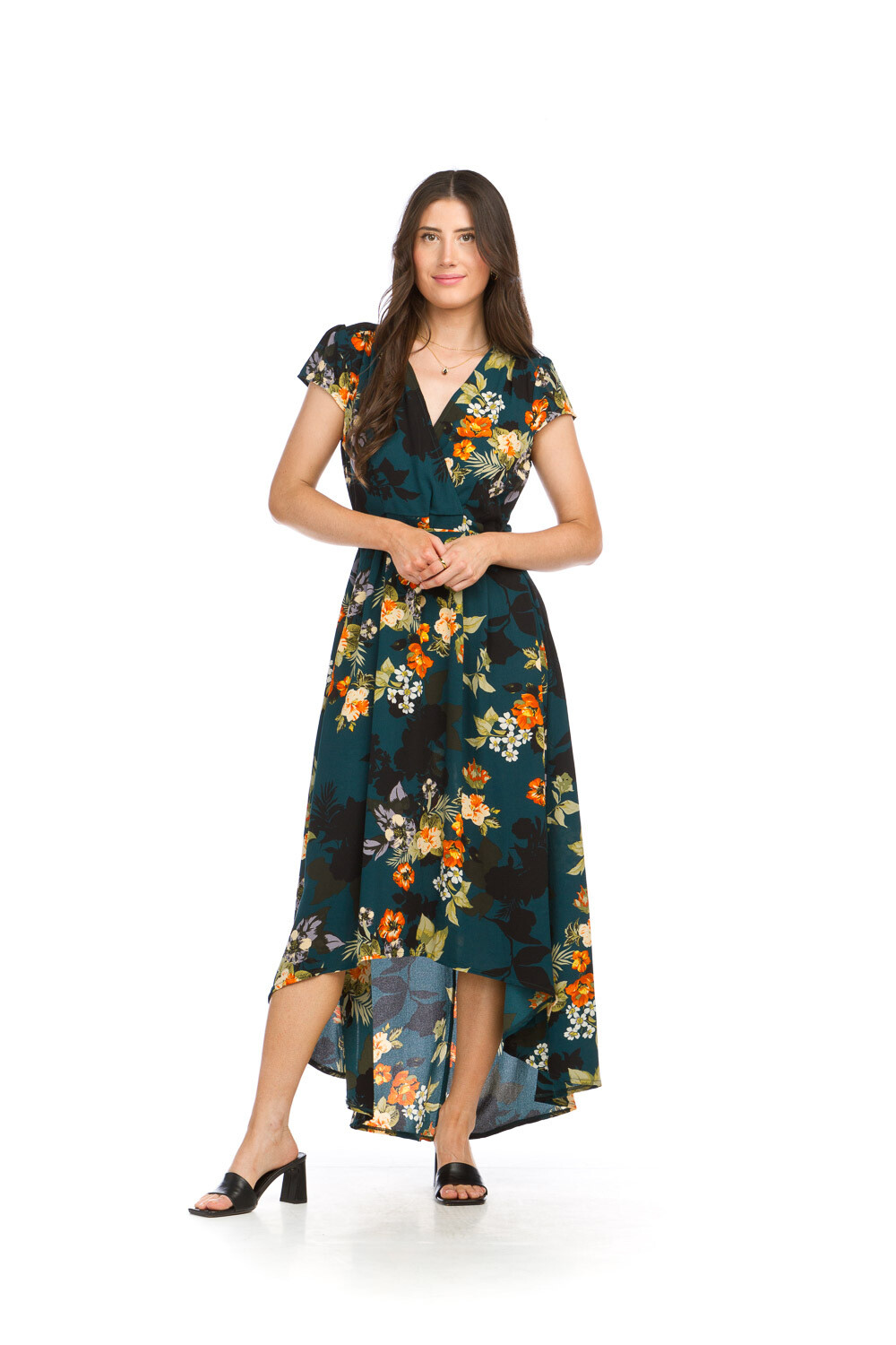 PD-16516 Crepe Floral High-Low Dress-Teal
