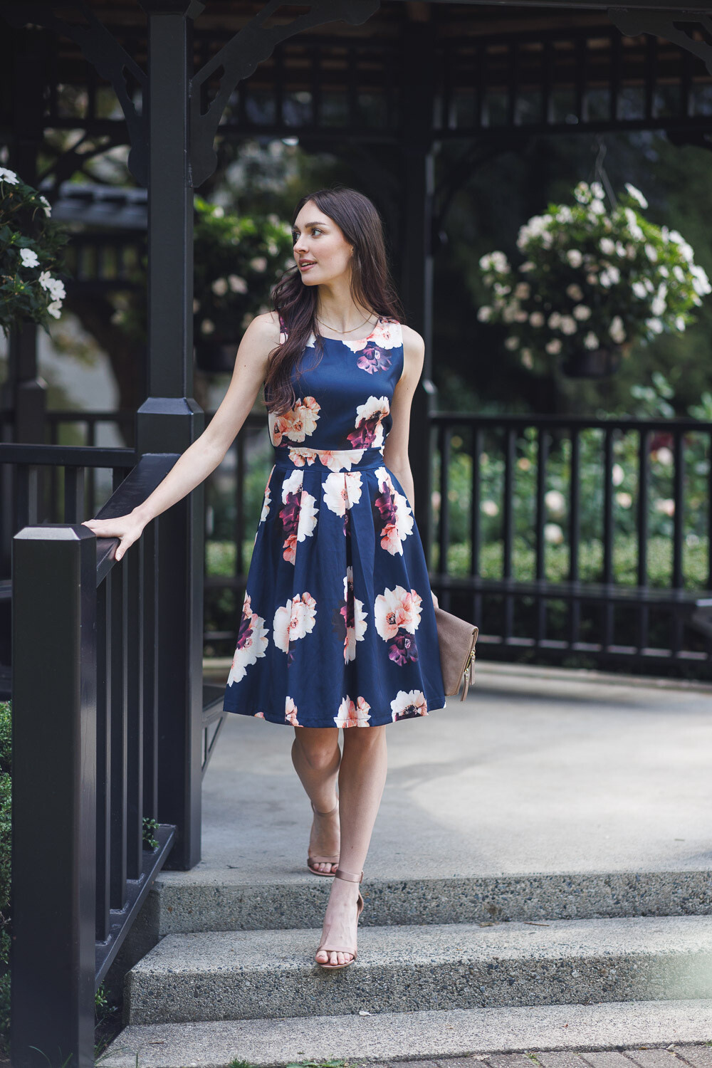 PD-16541 Floral Print Sleeveless Dress-Navy