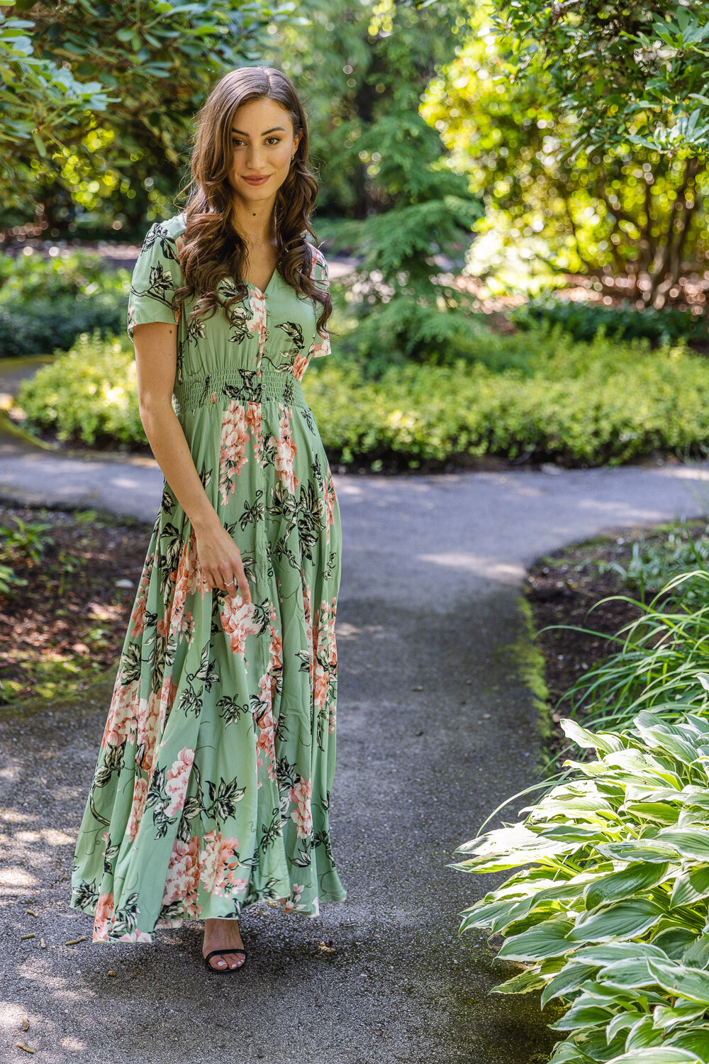 PD-16517 Floral Print Button Maxi Dress-Mint