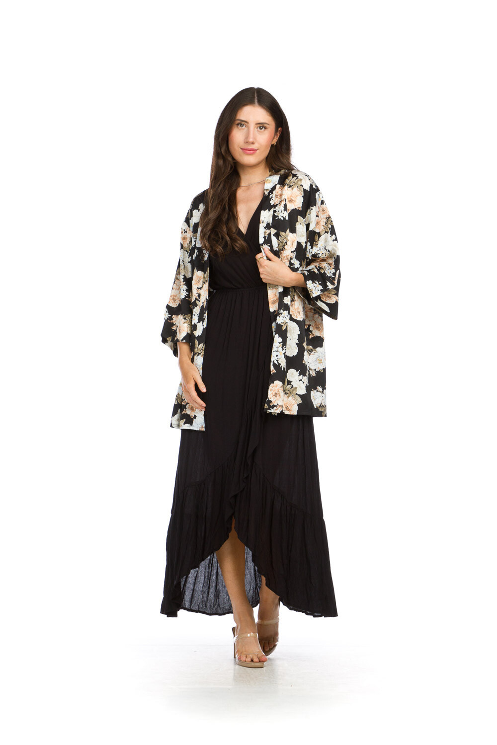 PT-16042 Satin Finish Floral Coverup-Black