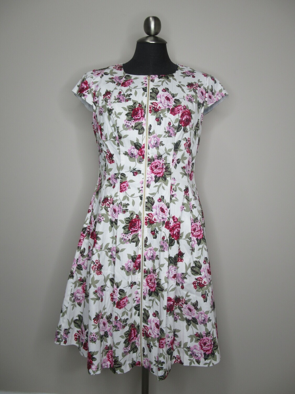 PD-16523 Floral Zip Front Pleated Dress-White