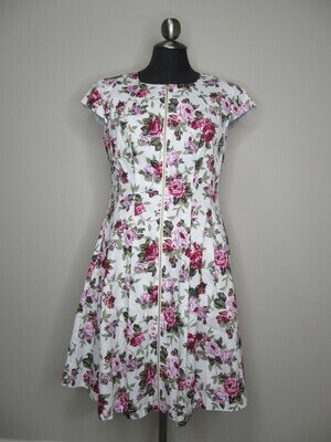 PD-16523 Floral Zip Front Pleated Dress-White