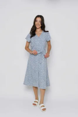 1150 Melanie Button Front Midi Dress-Blue Floral