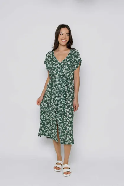 1150 Melanie Button Front Midi Dress-Sage Floral