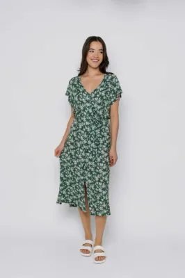1150 Melanie Button Front Midi Dress-Sage Floral