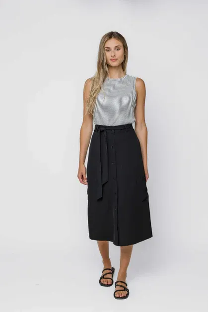 1255 Sally Button Front Midi Skirt-Black