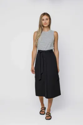 1255 Sally Button Front Midi Skirt-Black