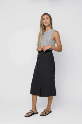 1255 Sally Button Front Midi Skirt-Black