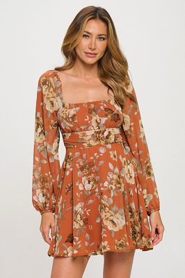 Floral L/S Tie Back Skater Dress-Rust 