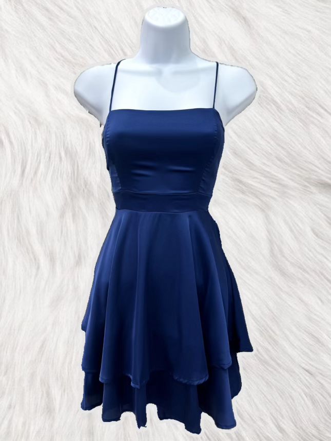  Satin Tie Back Layer Mini Dress-Navy