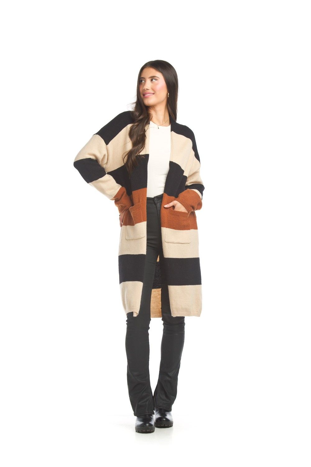 JT-17707 Knitted Multicolor Stripe Cardigan-Rust