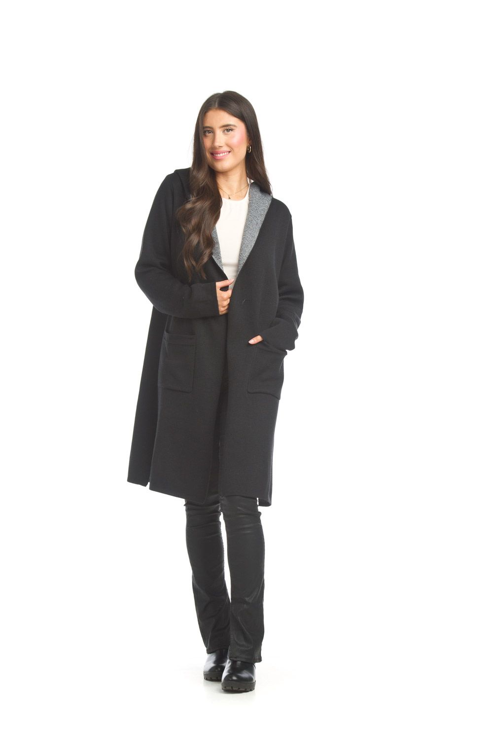 JT-17735 Hooded Coatigan With Patch Pockets-Black