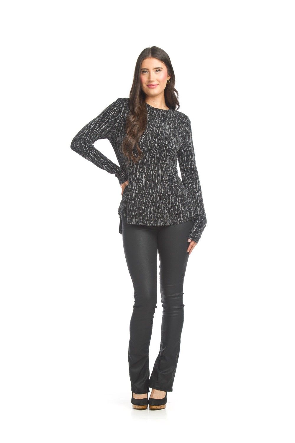 PT-17003 Lurex Knit Peplum Top-Black