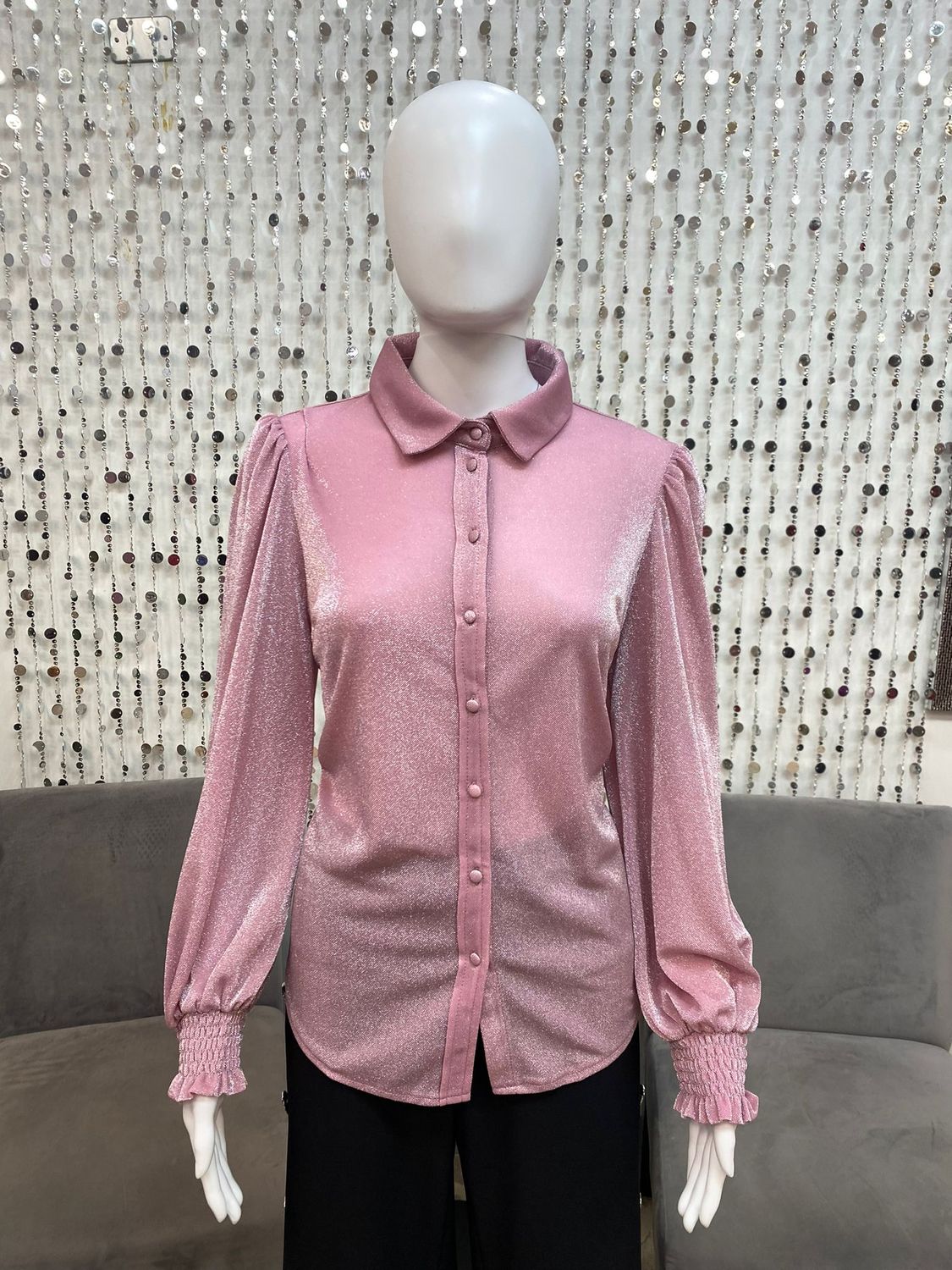 PT-17004 Lurex Knit Long Sleeve Shirt-Pink