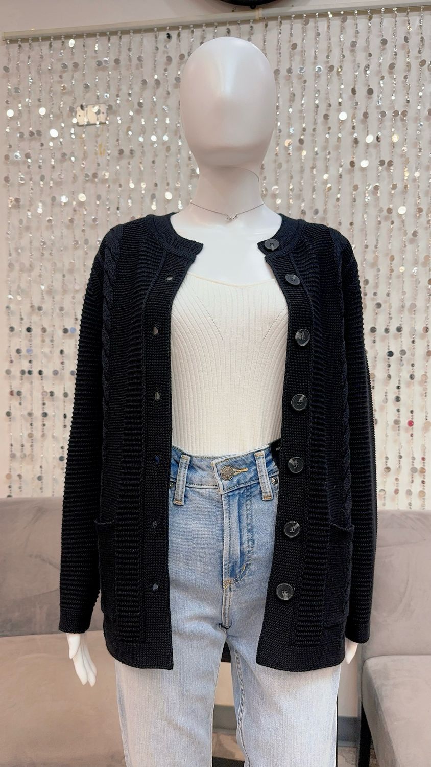 23364C Cable Knit Cardigan-Black