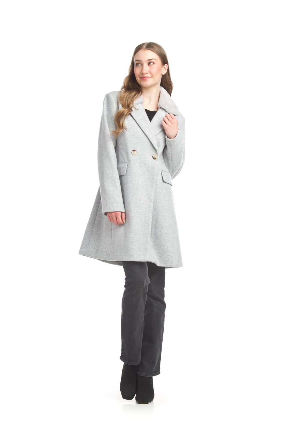 JT-17759 Lapel Double Breasted Coat-Grey
