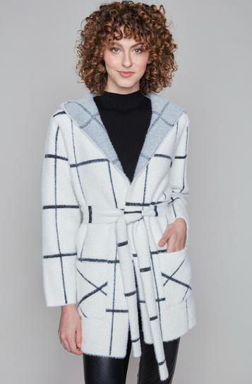 7667 Wrap Hooded Sweater Coat-White/Gray