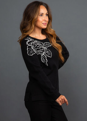 23350 Flower Embroidered Sweater Top-Black