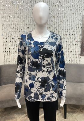 MX3657 Printed Sweater Top-Blue/Grey