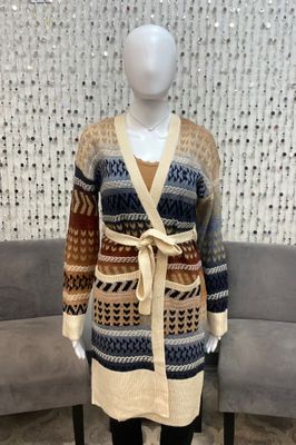 GL91C Patterned Cardigan with Belt-Rust Multi