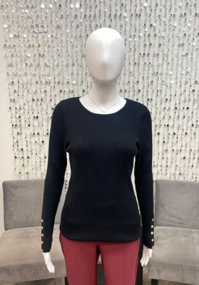 NF507 Ribbed Sweater Top W/ Button Details-Black