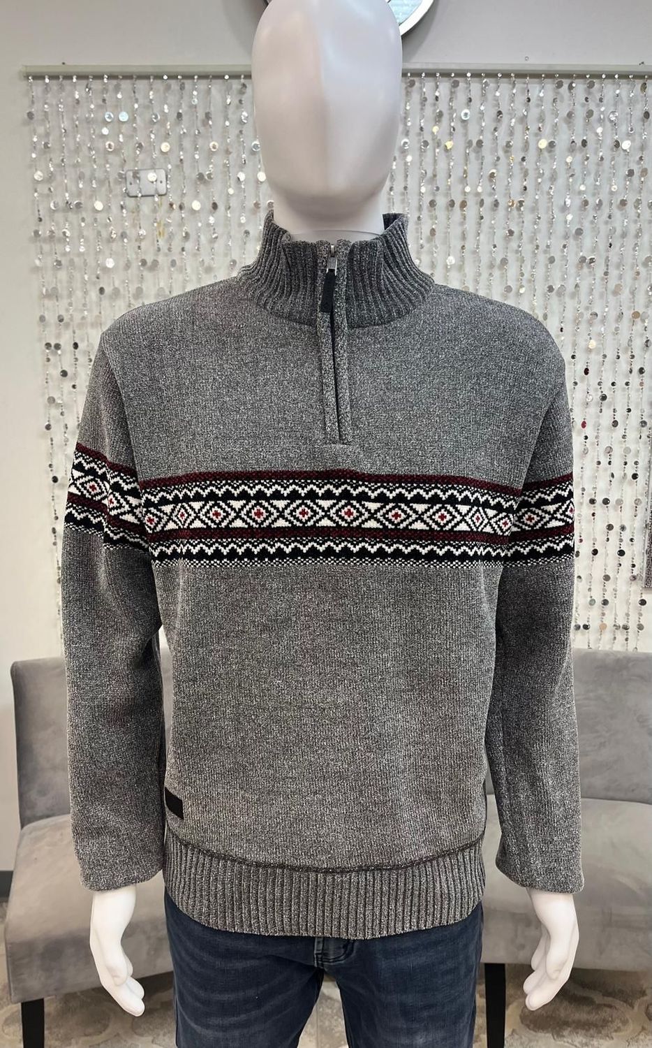 7368671 Chenille Jacquard Sweater-Grey Melange