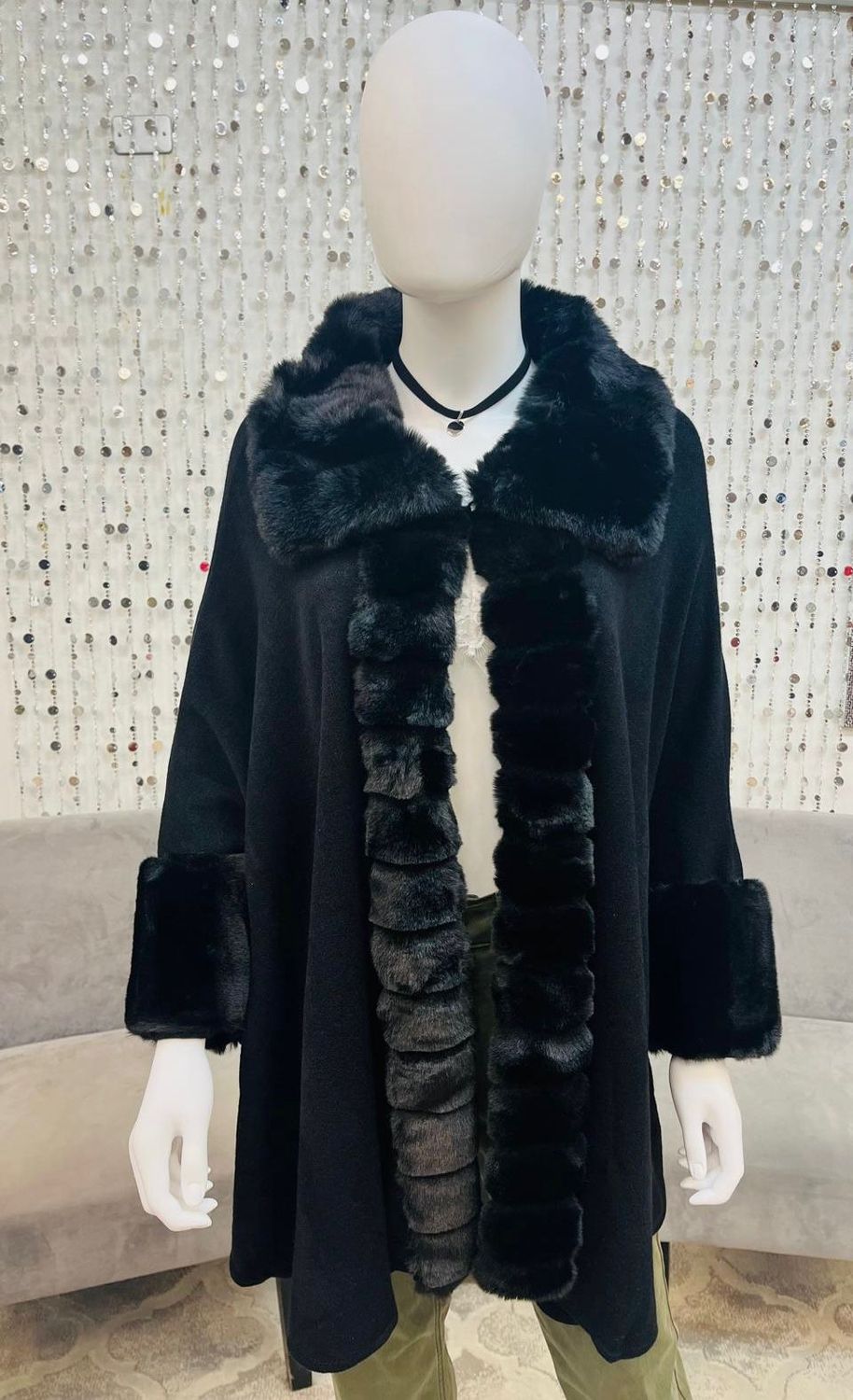91911 Faux Fur Poncho-Black