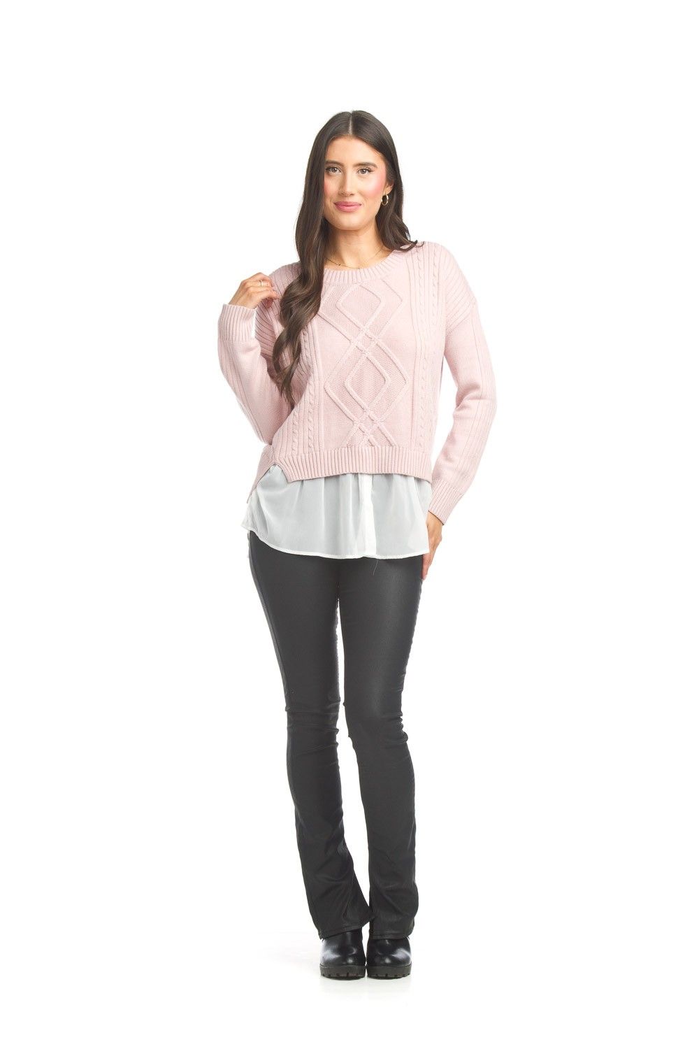 ST-15290 Cable Knit Crop Sweater-Blush Pink