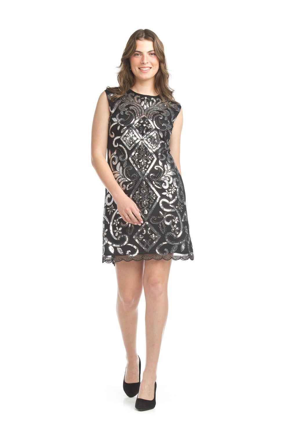 PD-17502 Beaded Holiday Dress-Black