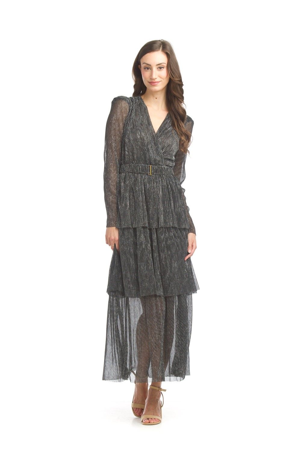 PD-17504 Pleated Lurex Tiered Dress-Black