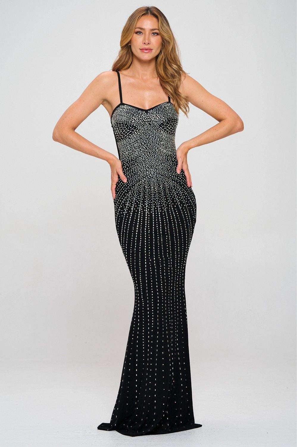 Rhinestone Mermaid Maxi Dress-Black