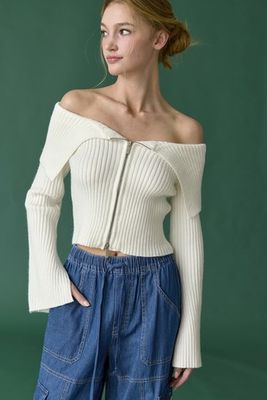 Audrey Off-Shoulder Ribbed Sweater-Cream