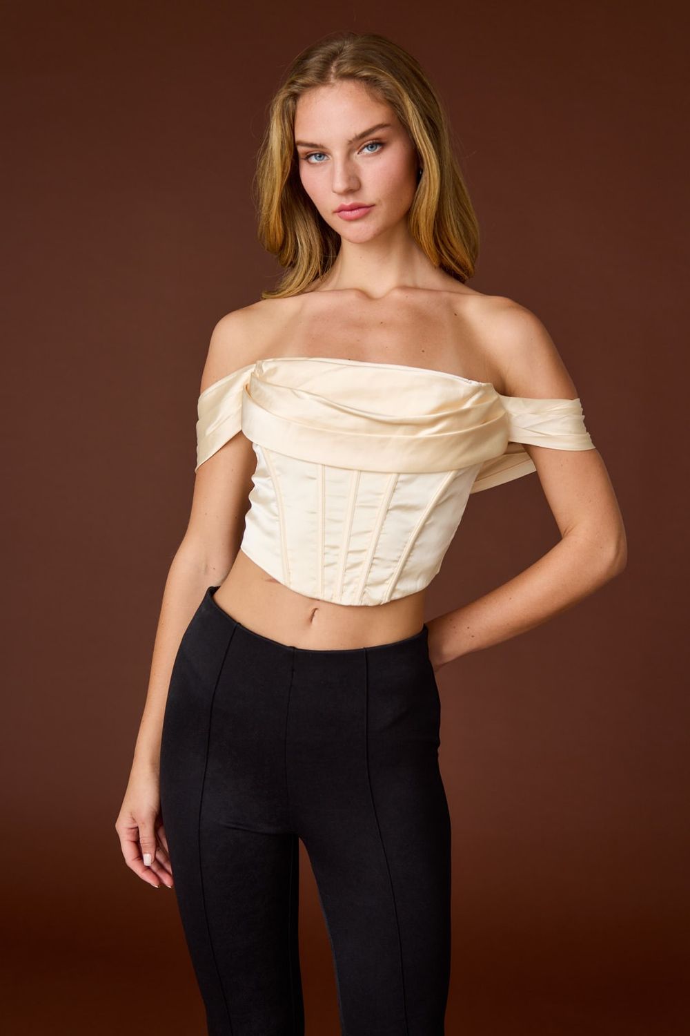 Ruched Satin Corset Top-Champagne