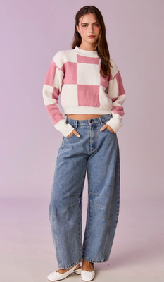 Harper Checkerboard Crop Sweater-Pink