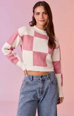 Harper Checkerboard Crop Sweater-Pink