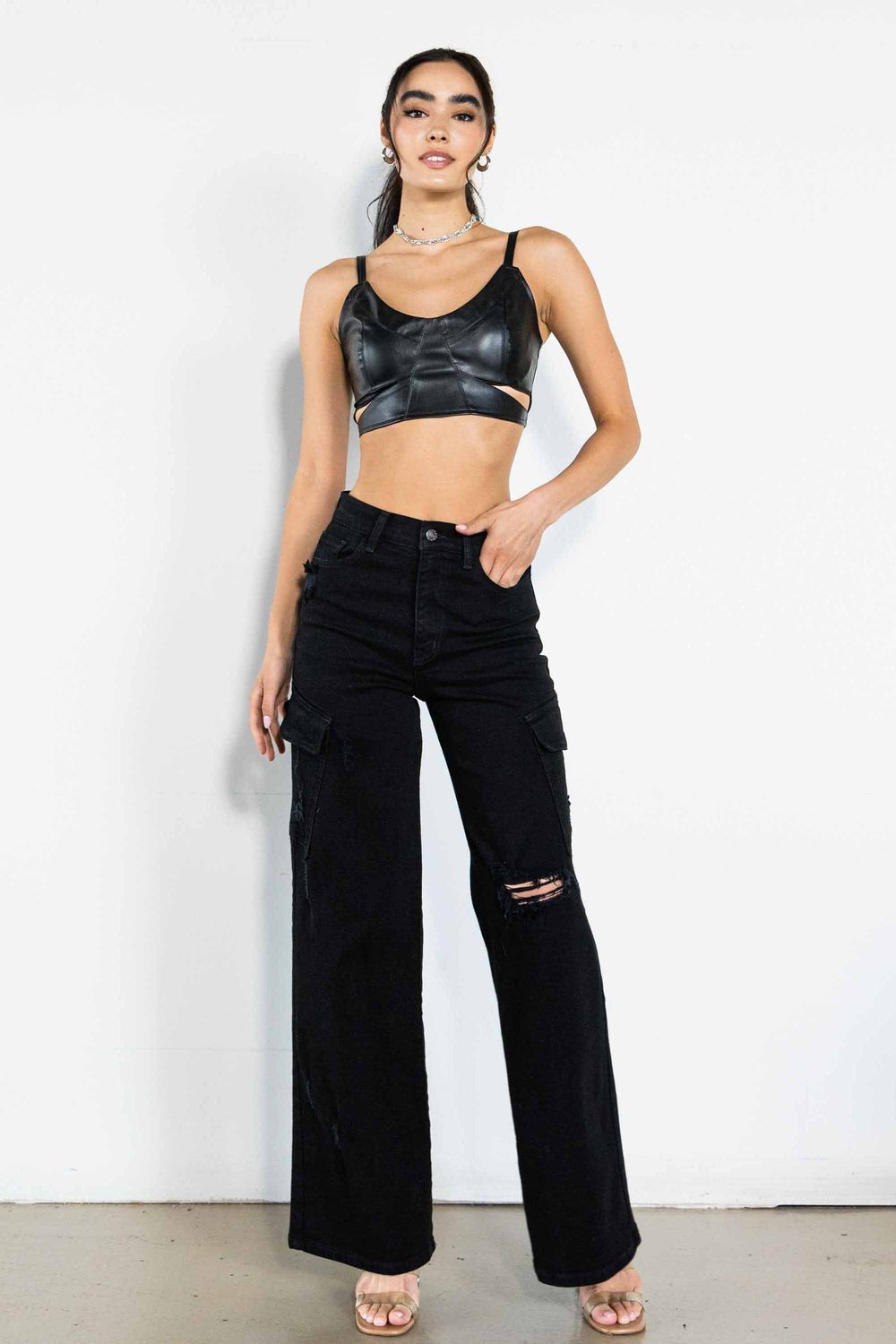 High Rise Cargo Wide Jeans-Black