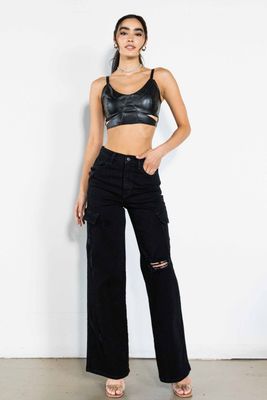 High Rise Cargo Wide Jeans-Black