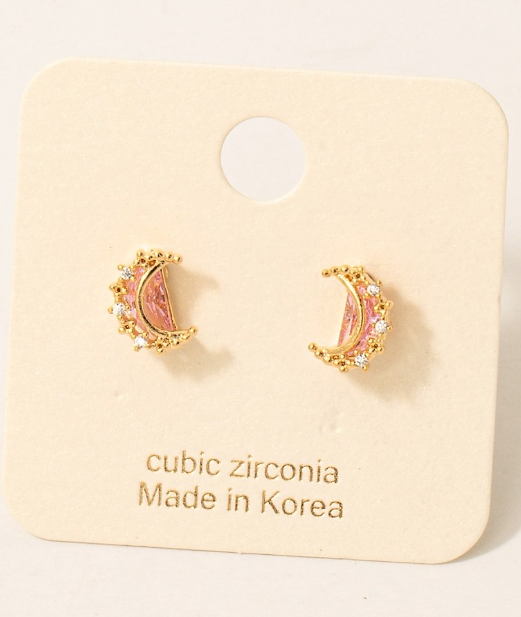 KE8700 Baguette Studded Moon Earrings-Gold