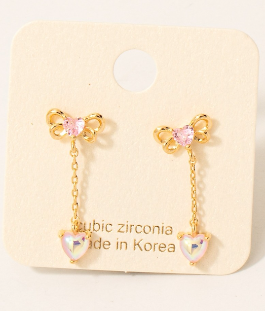 KE8709 Bow and Heart Chain Dangle Earrings-Gold