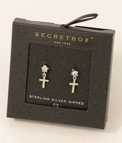 SB19901 Cross Charm Stud Earrings-White Gold