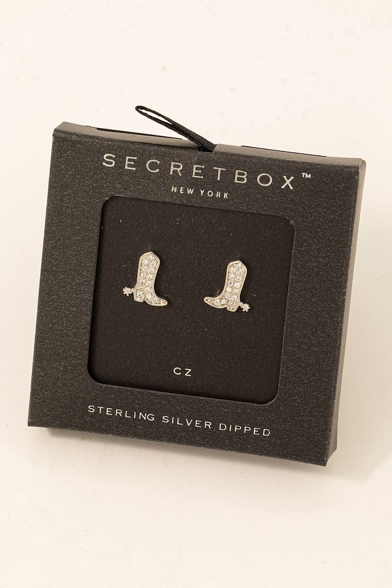 SB18140 Studded Cowboy Boot Earrings-White Gold