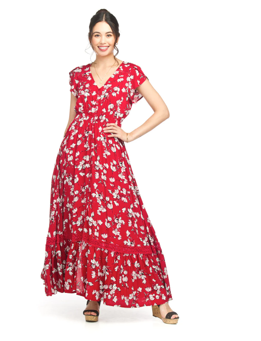 PD-18531 Floral S/S Maxi Dress-Red