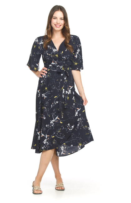 PD-18577 Floral Crepe S/S Wrap Dress-Navy