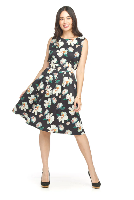 PD-18561 Floral Sleeveless Box Pleat Dress-Black