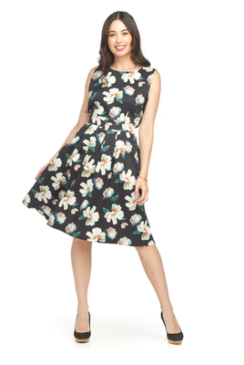 PD-18561 Floral Sleeveless Box Pleat Dress-Black