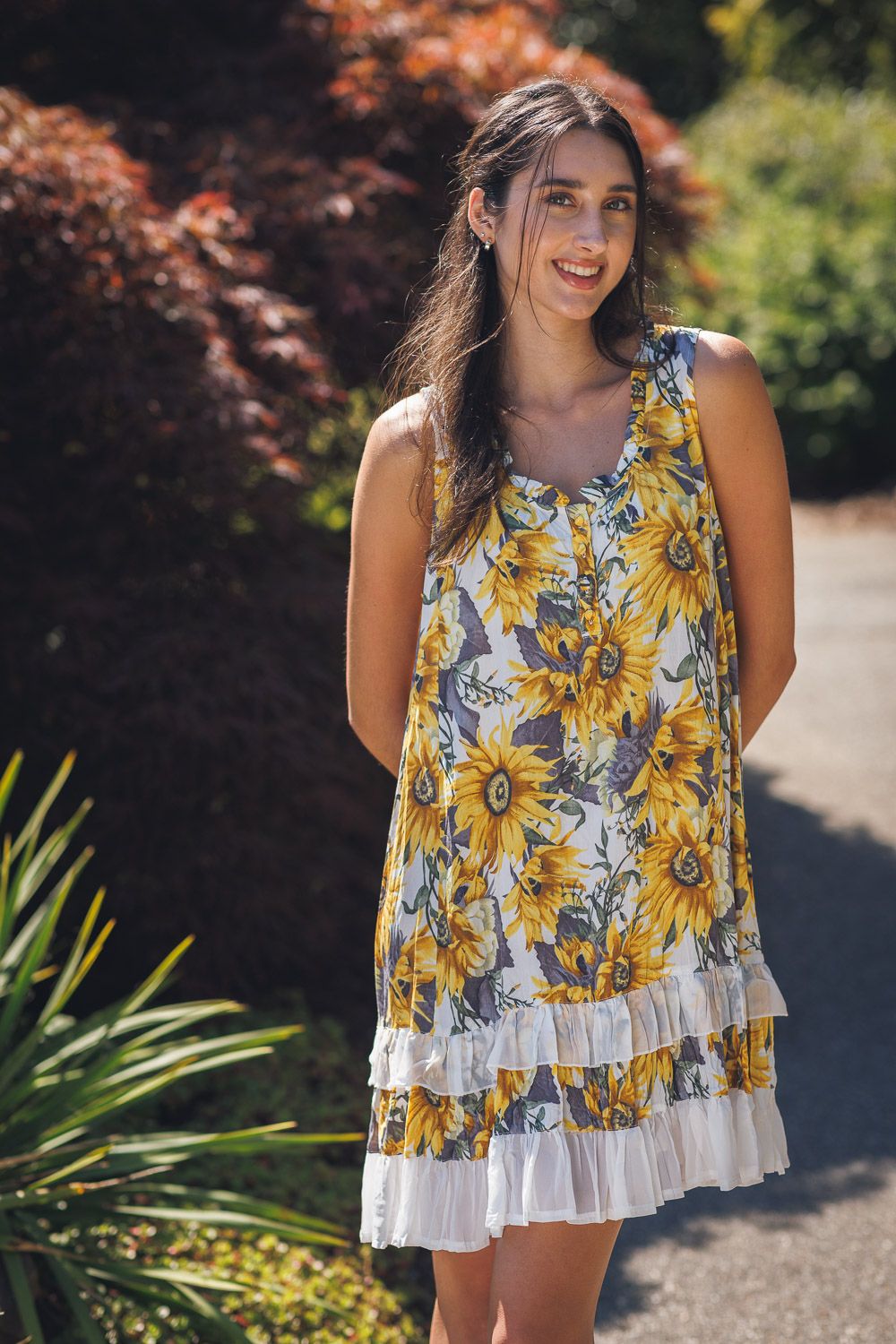 PD-18563 Sunflower Crinkle Ruffle Hem Dress-Yellow