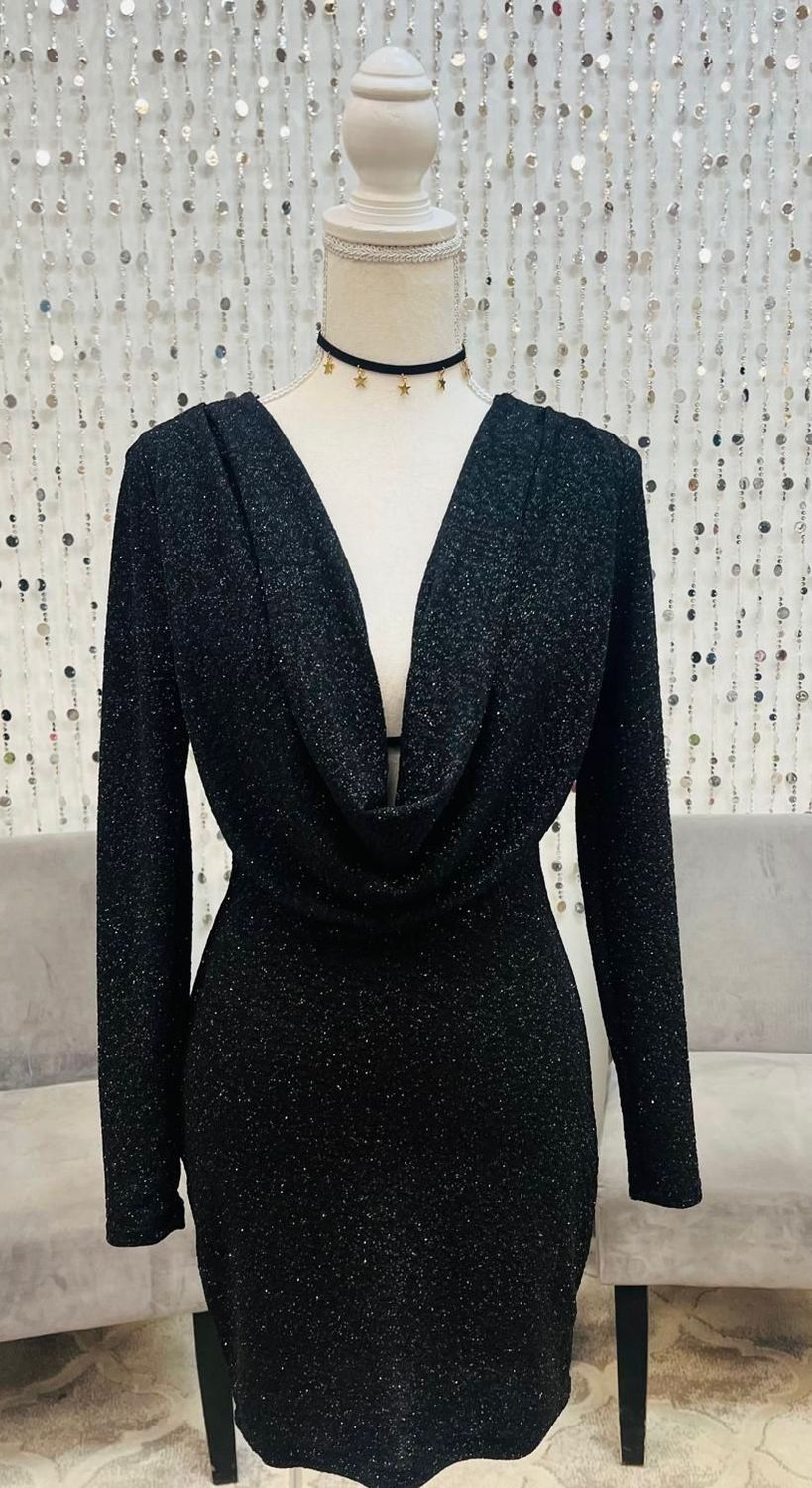 Glitter Drape Cowl Neck Dress-Black