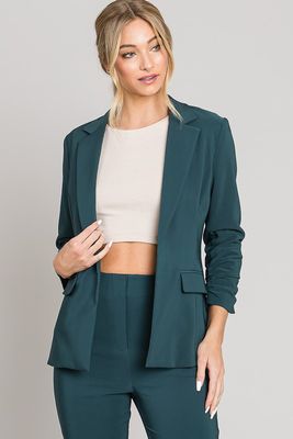 Twill Ruched Sleeve Blazer-Hunter Green