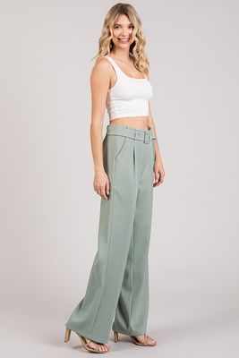 Belted Wide Pants-Sage Green